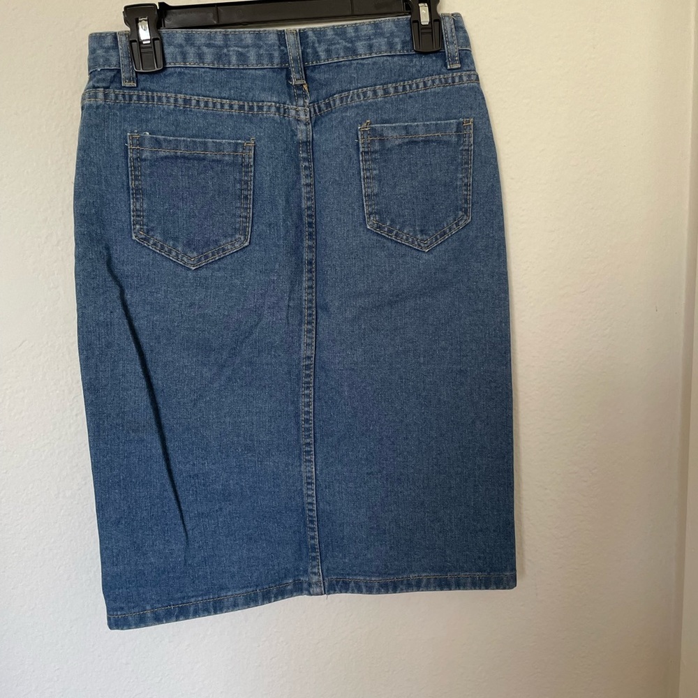 Button Up Medium Blue Wash Denim Pencil Skirt Pockets Size Medium Front Slit - Picture 2 of 4